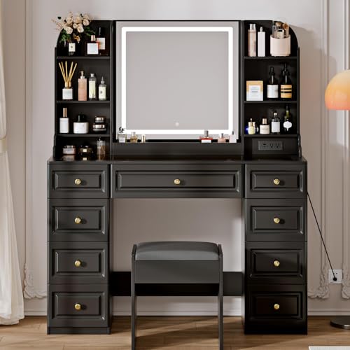 43" Makeup Vanity Desk with Mirror and Lights, & Power Outl, Glass Top Big Vanity Table with 9 Drawers& 8 Storage Shelves