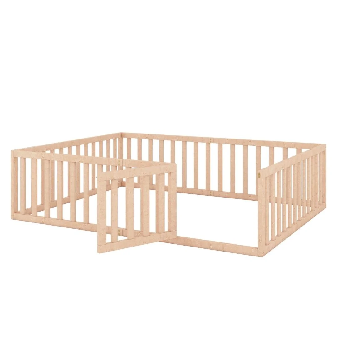 Natural Queen Size Wood Floor Bed Frame with Fence and Door