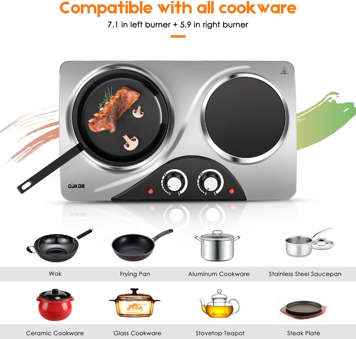 CUKOR Electric Hot Plate, 1800W Portable Electric Stove,Infrared Double Burner,Heat-up In Seconds