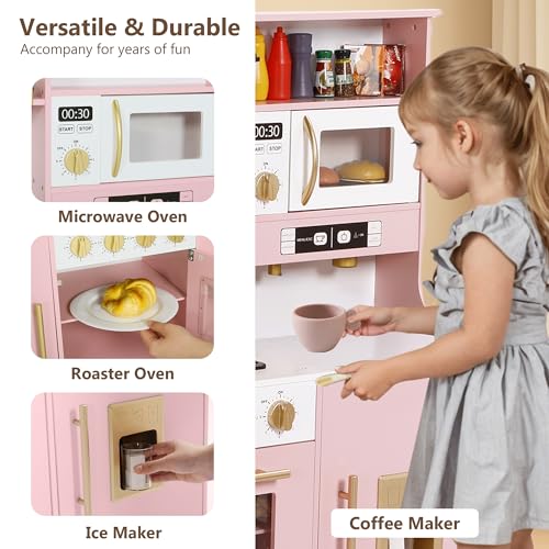 Kinder King Wooden Kids Play Kitchen, Toy Kitchen Playset for Toddler, Play Kitchen Set w/Real Sounds, Pretend Coffee Machine, Kitchen Hood, Sink