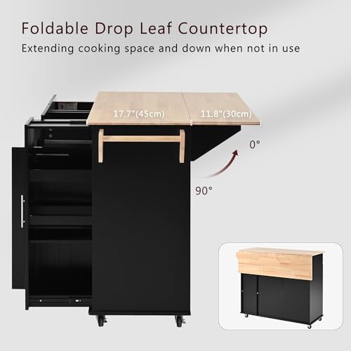 55.7'' Large Kitchen Island with 2 Drop Leaf, Rolling Kitchen Cart on 5 Wheels with Power Outlet