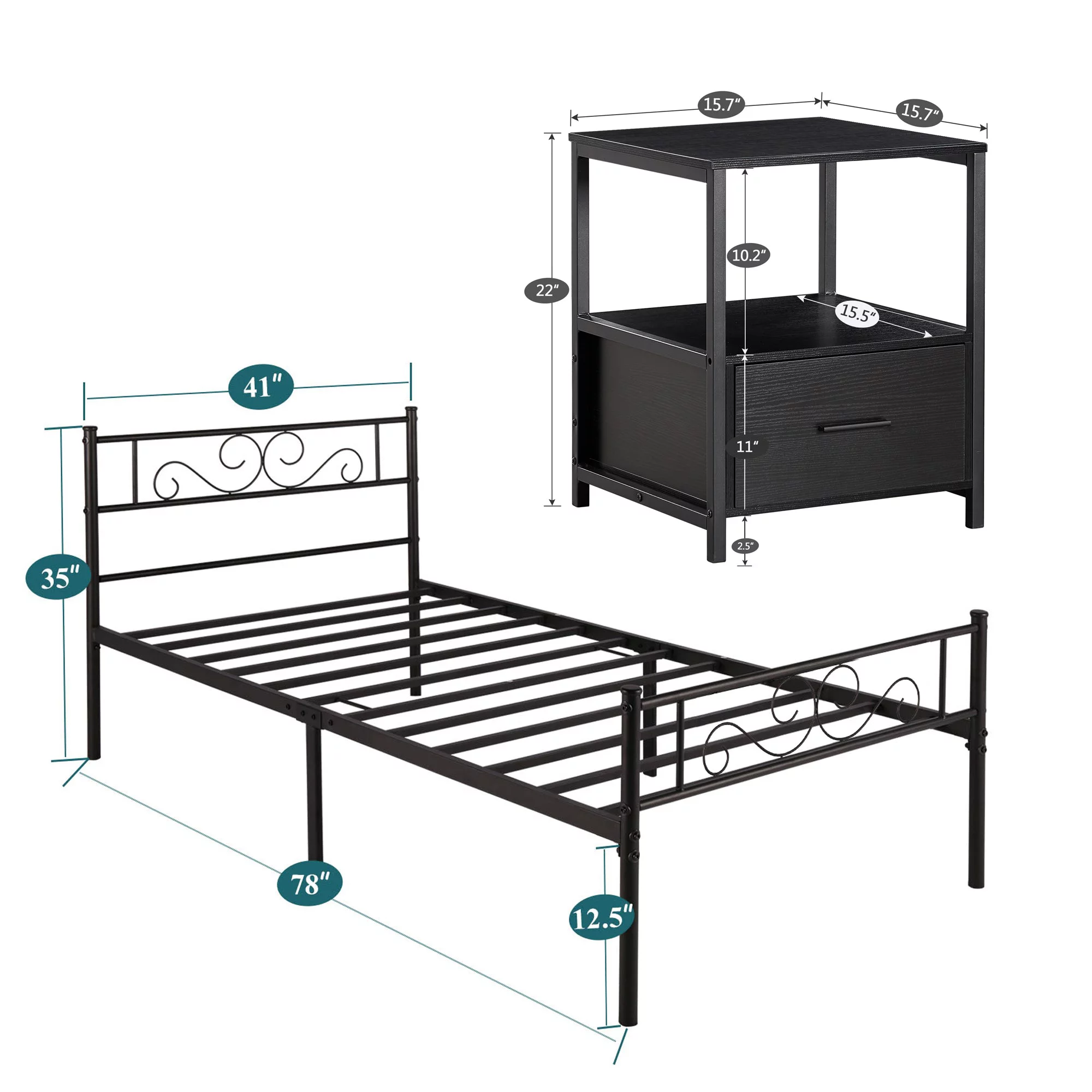 VECELO 3-Piece Bedroom Set with Twin Bed Frame and 2 Black Nightstands