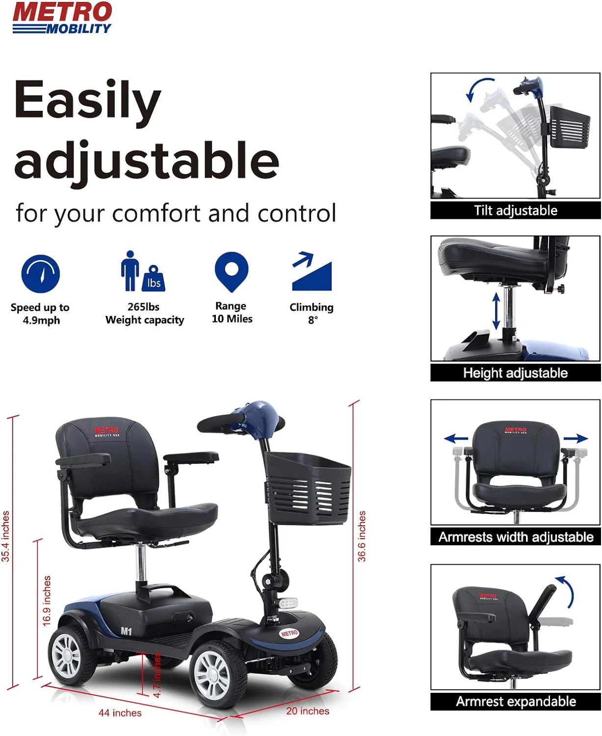 Outdoor Compact Mobility Scooter with Front & Back Light, Foldable Electric Powered Mobile Wheelchair for Seniors, Adults