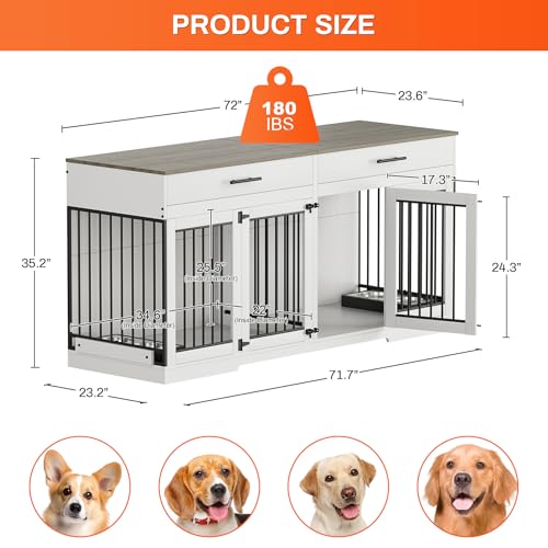 Rophefx 72" Dog Crate Furniture for 2 Dogs, Large Double Dog Kennel Indoor Furniture with 2 Storage Drawers and Removable Divider