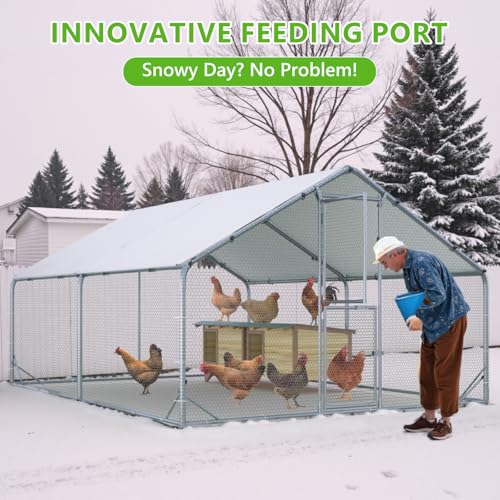 Large Chicken Coop,Metal Chicken Run for Yard with Feeding Door,Walk-in Chicken Pen for 10-20 Chickens,Outdoor Poultry Cage with Anti-UV Cover