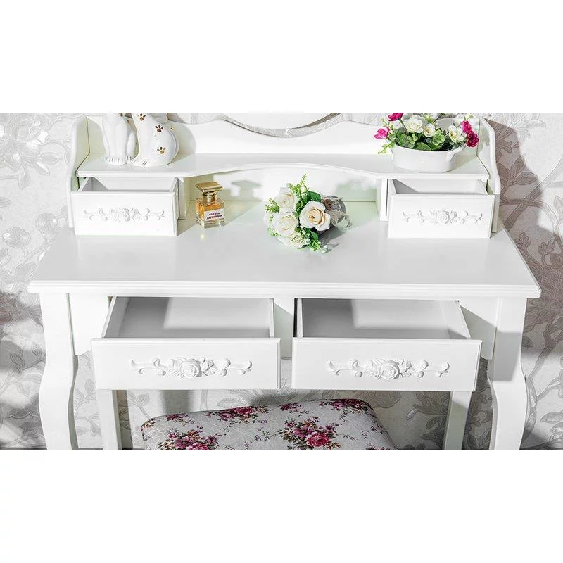 SamyoHome Vanity Table Set, Makeup Dressing Table with Mirror, Vanity Desk with Cushioned Stool 4 Drawers, White