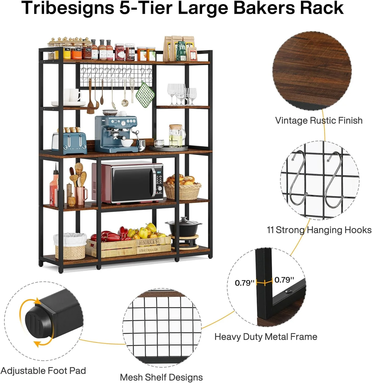 Tribesigns Large Bakers Rack, 55" Wide Kitchen Hutch Cabinet Microwave Stand with 11 Hooks, 5-Tier Baker's Rack Kitchen Storage Shelf Rack with Hutch