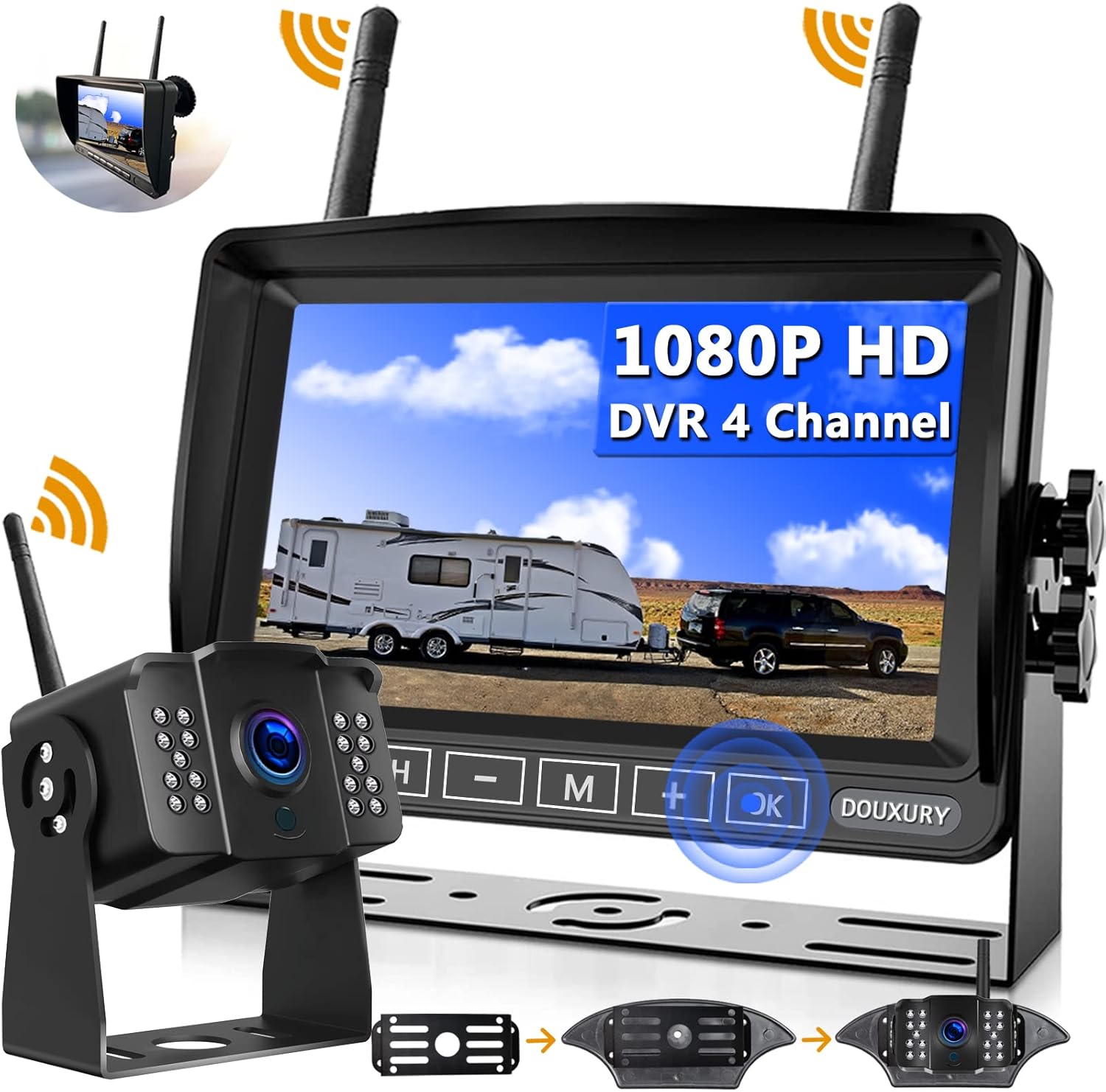 Wireless Backup Camera, DOUXURY IP69 Waterproof 170° Wide View Angle HD 1080P Backup Camera + HD LCD 7 Monitor