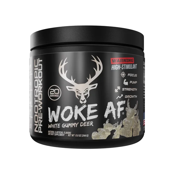 Bucked Up Woke AF Pre-Workout Powder, Increased Energy, White Gummy Deer, 333 mg Caffeine, 20 Servings - Kansas Nuitrition - HNZSDS