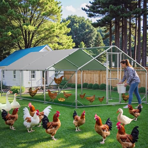 Large Chicken Coop,Metal Chicken Run for Yard with Feeding Door,Walk-in Chicken Pen for 10-20 Chickens,Outdoor Poultry Cage with Anti-UV Cover