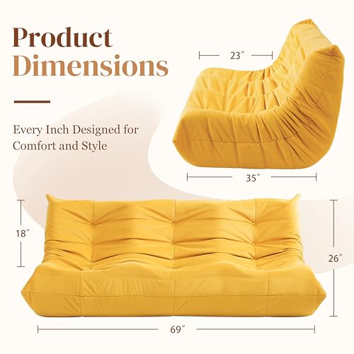 Bean Bag Chair for Adults - Suede & Microfiber Fireside Floor Chair, Comfortable Corner Lounge Sofa for Living Room, Bedroom, Office (3-Seater, Beige)