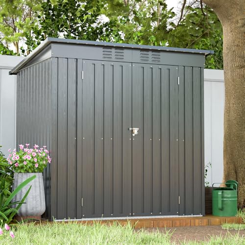 6x4 ft Small Outdoor Metal Storage Shed with Floor Frame & Lockable Door, Heightened Entry Garden Tool Shed for Backyard, Durable Galvanized Steel