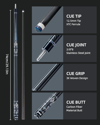 CRICAL Carbon Fiber Pool Cue Stick 58" Billiard Cue Sticks Professional Low Deflection Pool Sticks with 3/8 * 8 Pin Joint and 12.5mm Tip