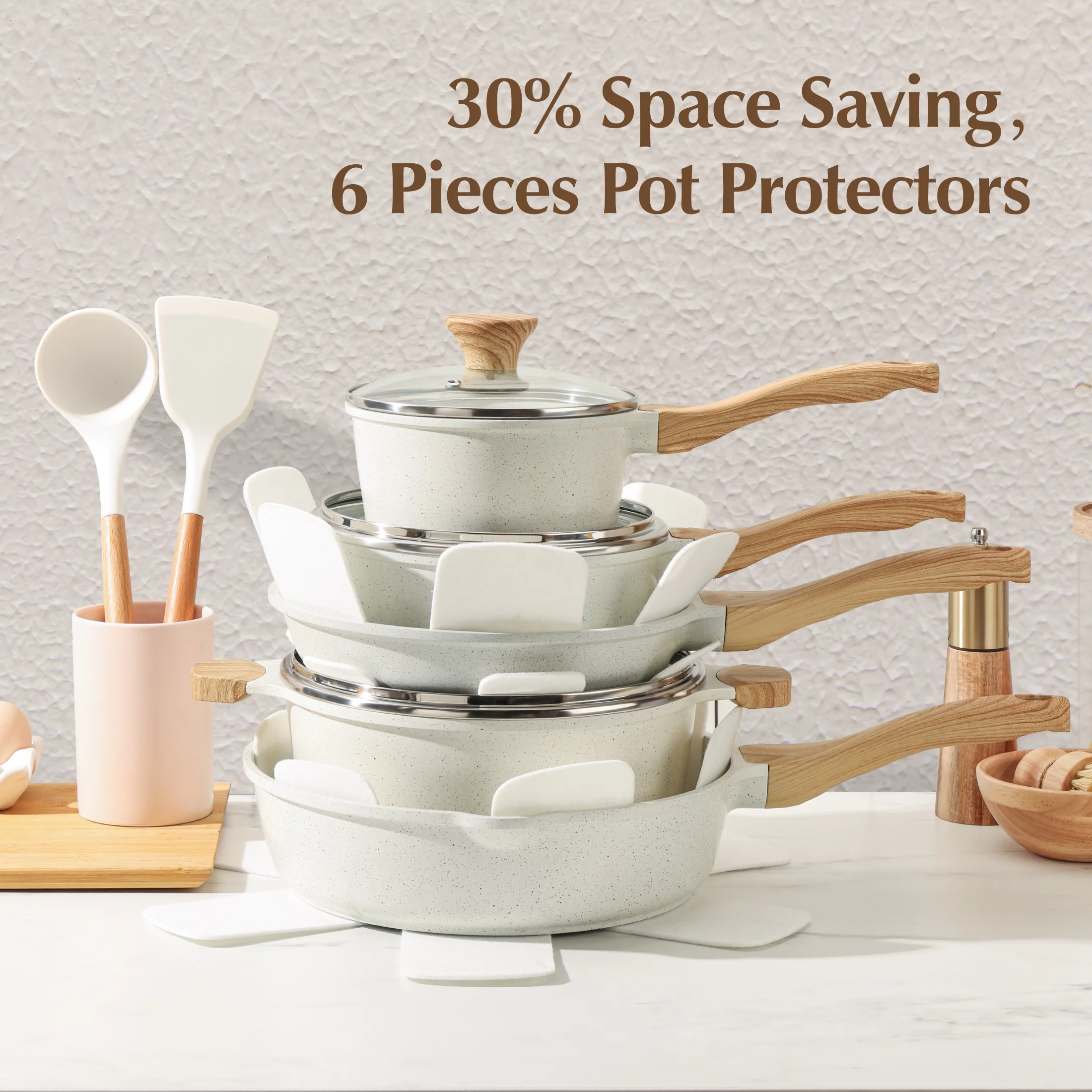 Sensarte Ceramic Nonstick Pots and Pans Set, 17 Pieces Healthy Non Stick Cookware Set with Pots Protectors, Induction Kitchen Cookware Sets White