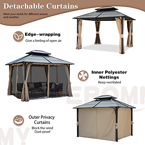 EROMMY 12'x20' Hardtop Gazebo Double Roof Galvanized Steel Canopy Outdoor Aluminum Frame Permanent Metal Pavilion with Netting and Curtains for Patio