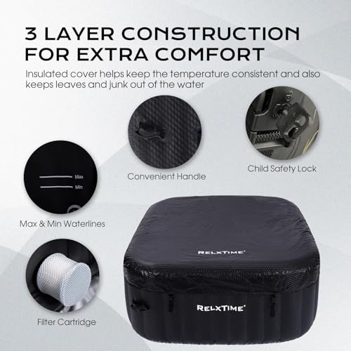 Inflatable Hot Tub 2-3 Person 110 Air Jets, Portable Blow Up Hottub with Cover, Built in Heater Pump, Square Outdoor Spa, Cup Holder, 2 Filters, Black