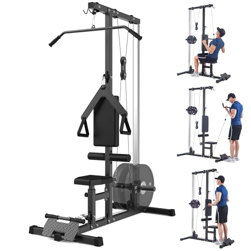 LAT Pulldown Machine, Multi-Functional Cable Machine with High and Low Pulley Station, Row Cable Machine Home Gym with Leg Support