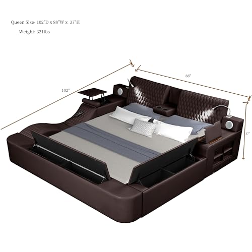 Queen Size Smart Bed, Multifunctional Leather Bed Frame with Massage Recliner/Upholstered Headboard/Music Speaker/USB Port/Storage Space