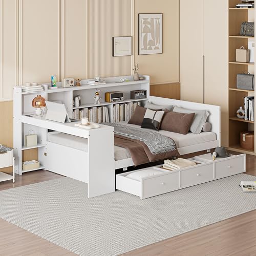Bellemave Twin Corner Bed Frame with Storage Shelves and Desk, Wood Twin Size Daybed with Bookcase and Drawers and Storage, Gray
