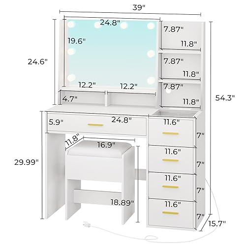 AOGLLATI Makeup Vanity Set with Lights, Vanity Desk with Mirror and Lights, White Vanity Table with Cushioned Stool