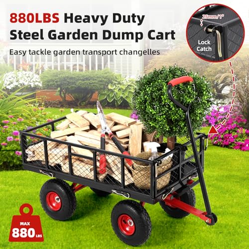 880lbs Steel Garden Dump Cart, Heavy Duty Yard Dump Utility Wagon w Removable Mesh Sides, Utility Metal Wagon w 180° Rotating Handle