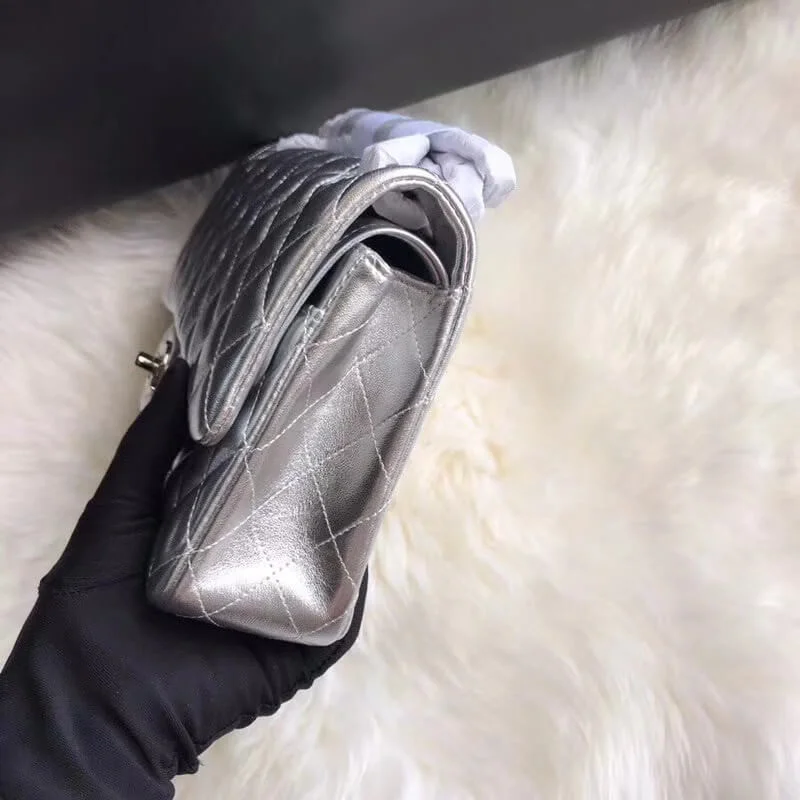 Chanel 1112 Silver Medium Size 2.55 Lambskin Leather Flap Bag