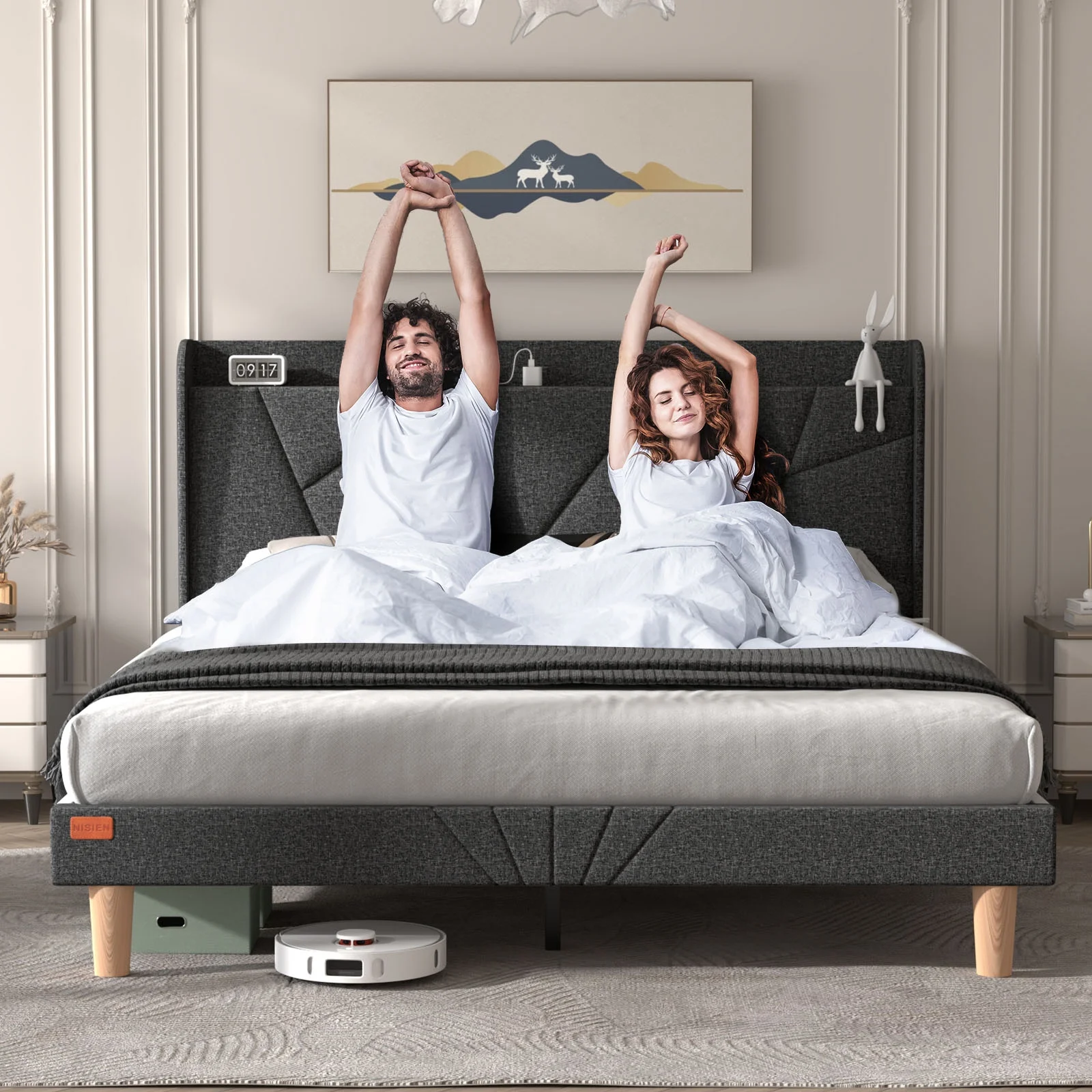 NISIEN Queen Bed Frame with Charging Station, Upholstered Platform Bed Frame with Wingback Storage Headboard, No Box Spring Needed, Dark Grey