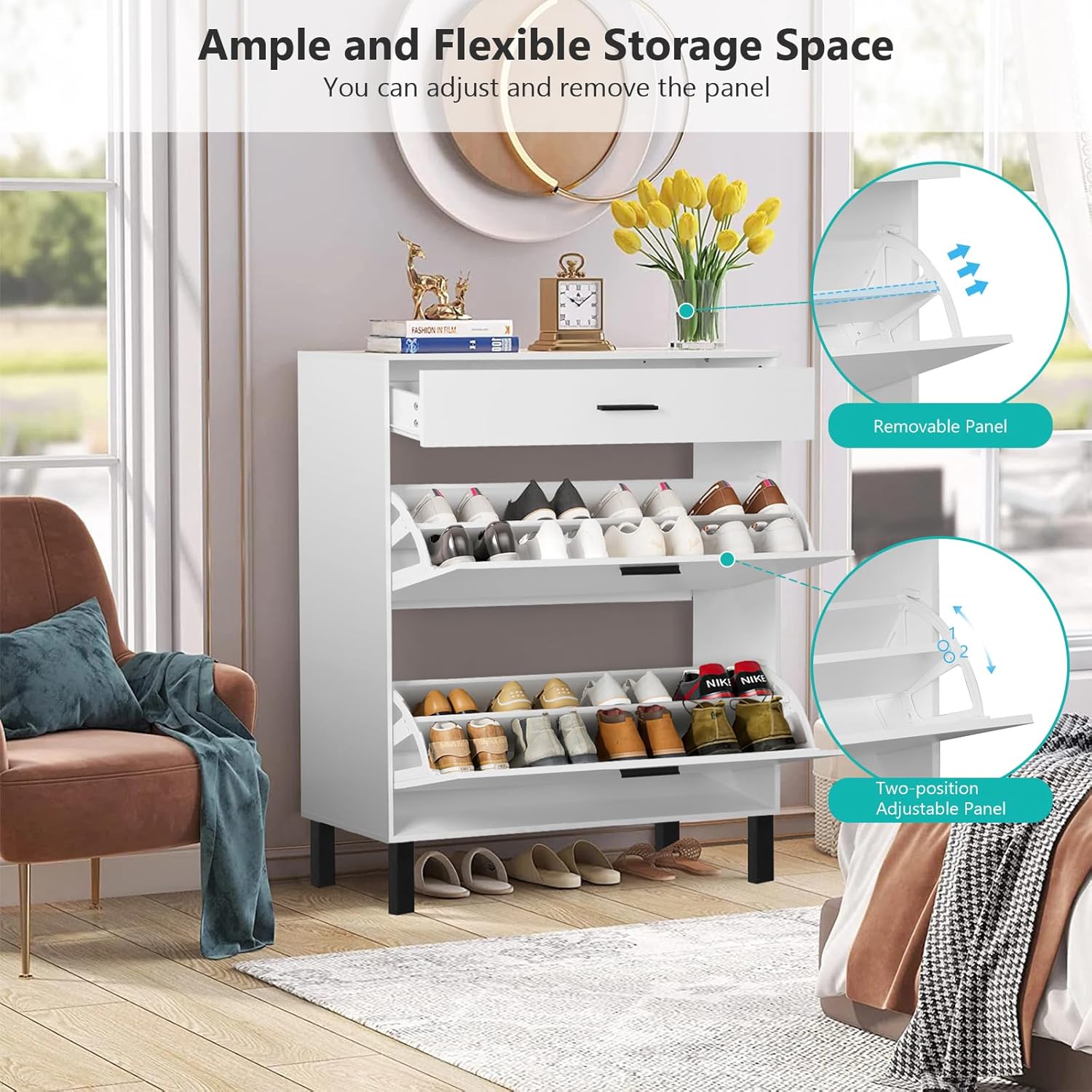 Slim Shoe Cabinet with Doors Wooden Free Standing Shoe Rack with 2 Flip Drawers Modern White Shoe Storage Cabinet with Drawer for Entryway Hallway