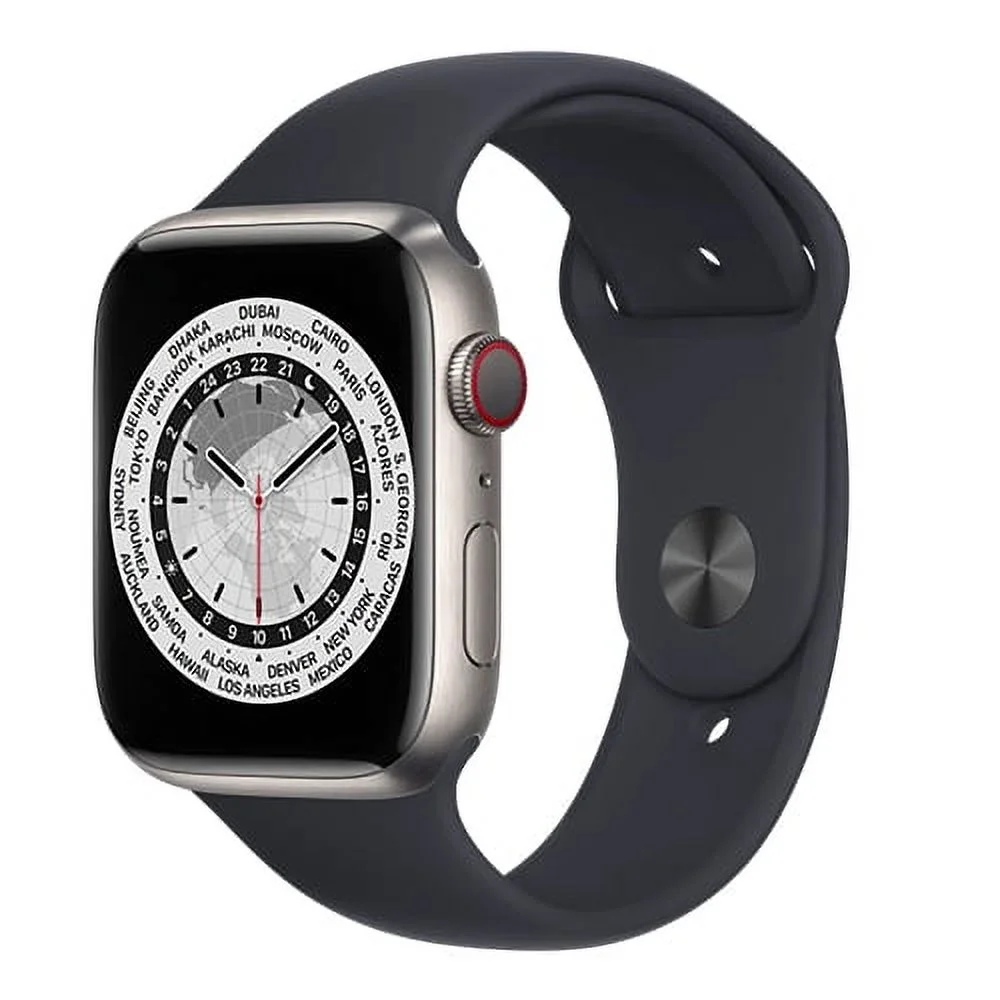 Pre-Owned Apple Watch Series 7 45mm GPS + Cellular Unlocked - Titanium Case - Black Sport Band (2021) - Refurbished - Good
