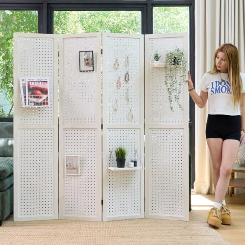 Pegboard Display, 5.6Ft Wooden Room Divider Folding Privacy Screens Portable Freestanding Wall Organizer for Retail Craft Art Display Board (4panels