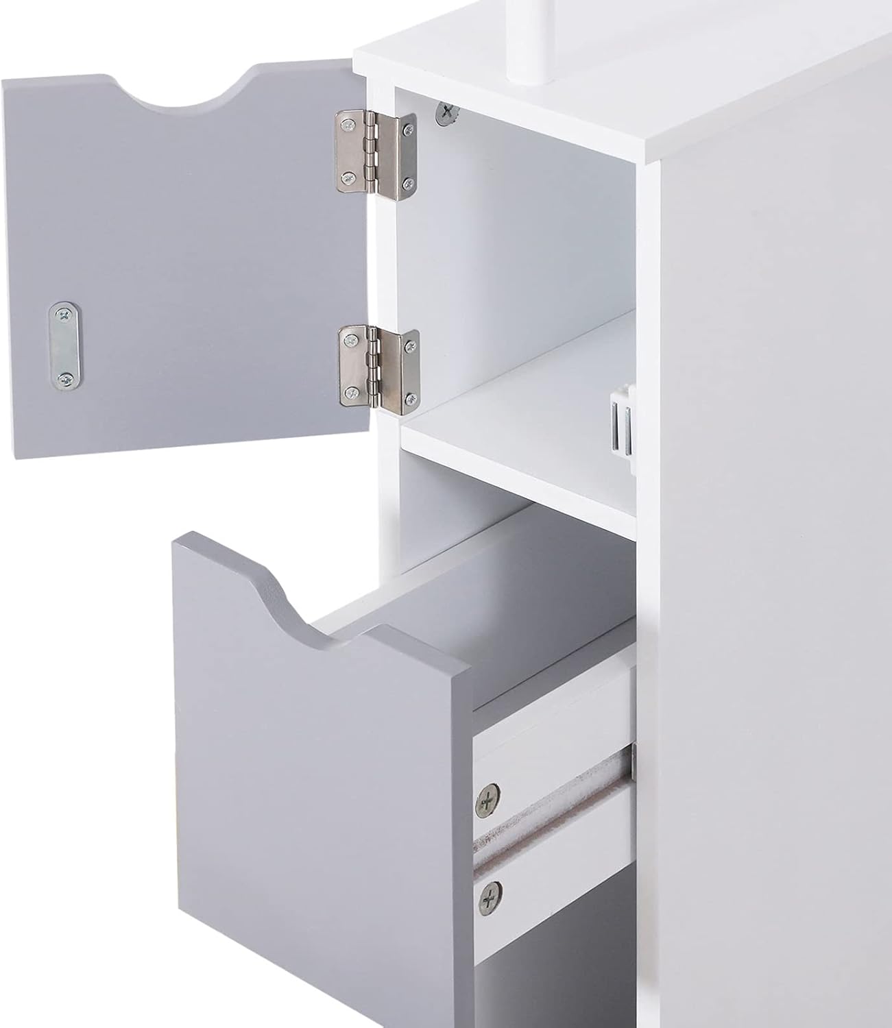 HOMCOM 54 Tall Bathroom Storage Cabinet, Freestanding Linen Tower with 2-Tier Shelf and Drawers, Narrow Side Floor Organizer, Grey and White