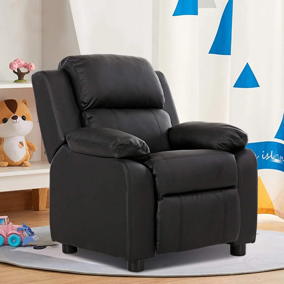 Kids Recliner, Leather Recliner Chair w/Footrest, Armrest Storage, Headrest & Lumbar Support, Ergonomic Lounge Chair for Living & Gaming Room