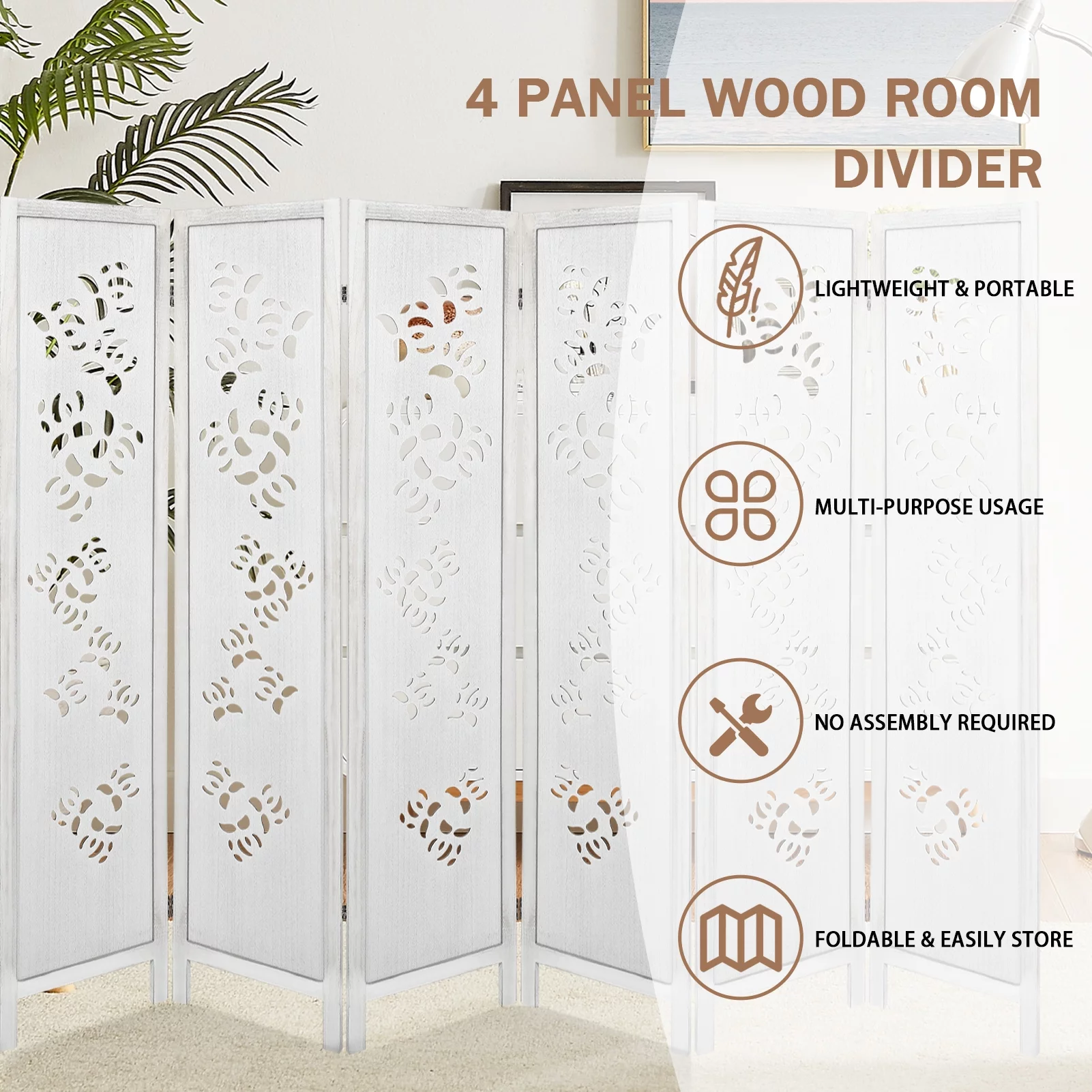 Hofitlead 6 Panel Carved Room Dividers 5.6FT Wooden Folding Screen Freestanding Privacy Partition Wall for Bedroom Living Room Office