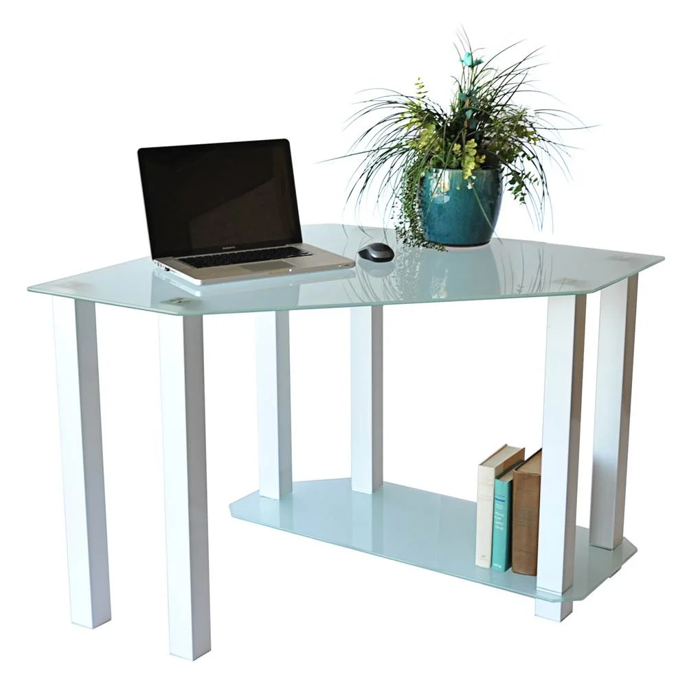 RTA Home & Office  Frosted Tempered Glass Gloss White Corner Computer Desk