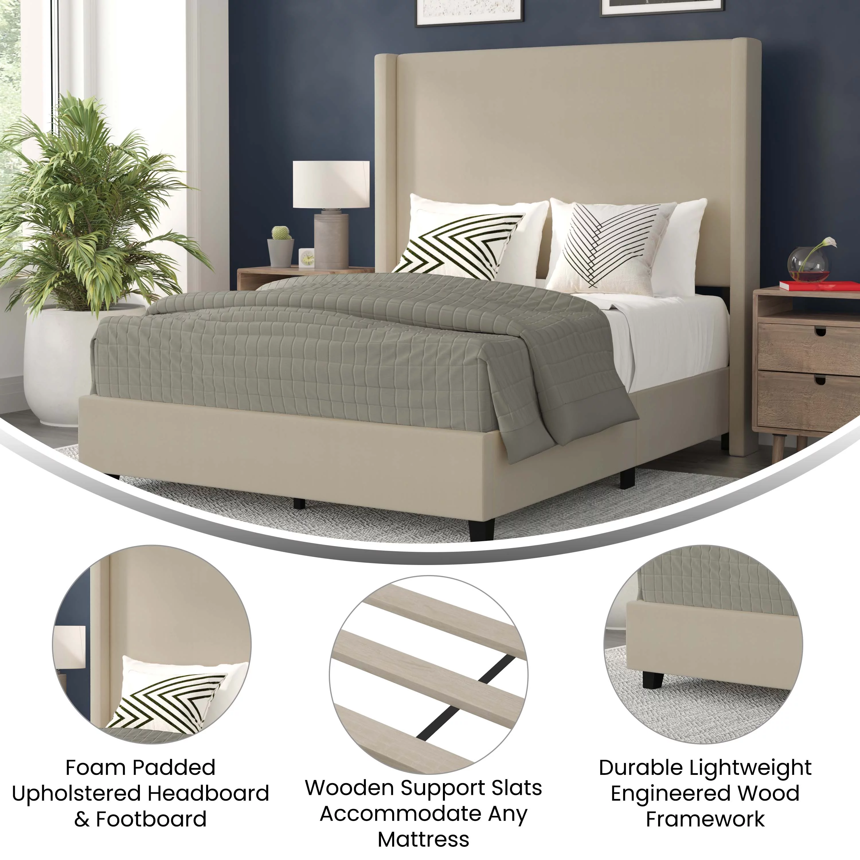 Merrick Lane Modern Queen Size Platform Bed Frame with Padded Faux Linen Upholstered Wingback Headboard and Wood Support Slats in Beige