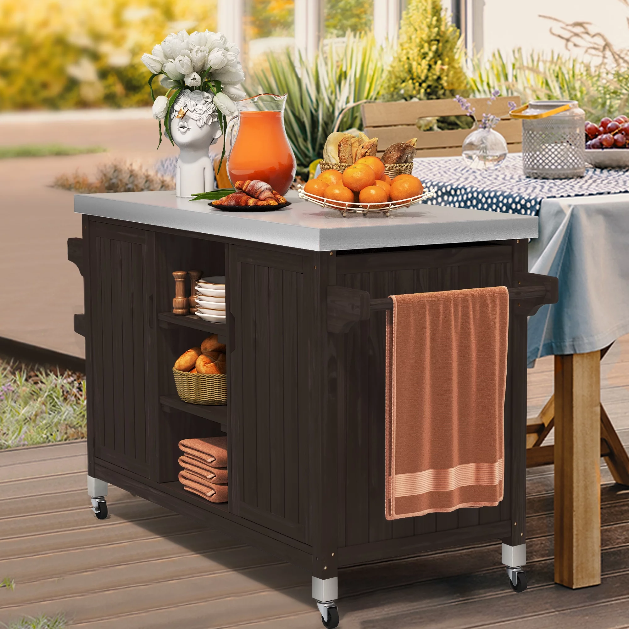 Dextrus XL Solid Wood Outdoor Storage Cabinet - Versatile Movable Outdoor Grill Cart with Stainless Steel Top, Spice Rack, and Side Handle