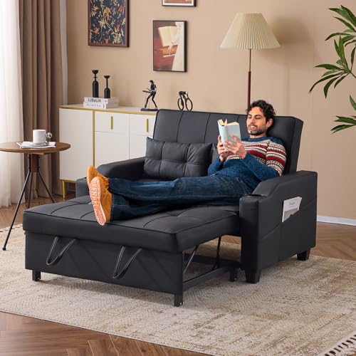 VINGLI Light Green Futon Sofa Bed Convertible Loveseat Sleeper Couch, Faux Leather Pullout Sofa Fold Out Couch Bed with USB Ports, Cup Holders