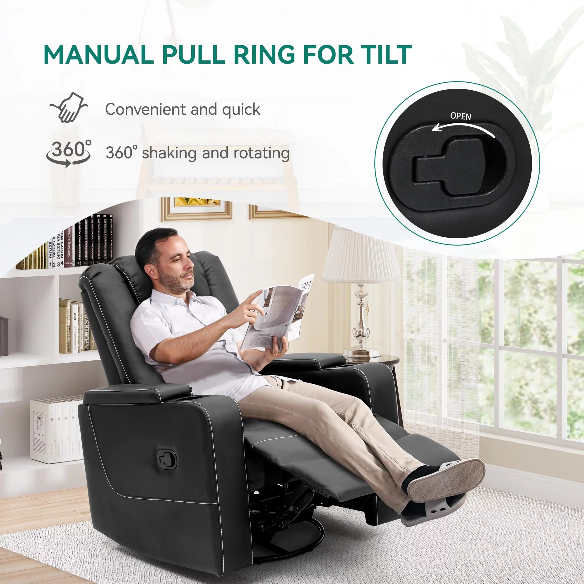 Dextrus Swivel Recliner with Flip Armrests, Manual Pull Loop, and Cup Holders, Soft Leather Recliner Glider for Home Theater - Black