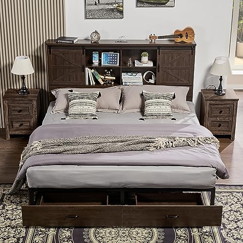 VanAcc Full Size Bed Frame, Wooden Platform Storage Bed with 51.2" Bookcase Headboard, 2 Drawers