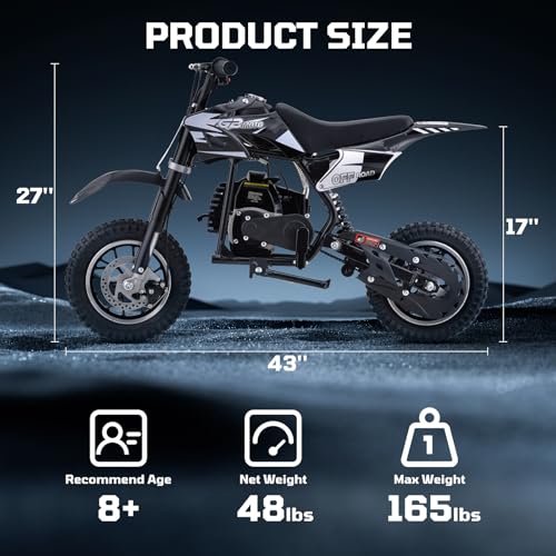 Kids 50cc Dirt Bike, 49cc Gas Dirt Bike for Kids 8-14, Gas Powered Mini Dirt Bikes, 2 Stroke Dirt Bikes, Max Load 165 Lbs