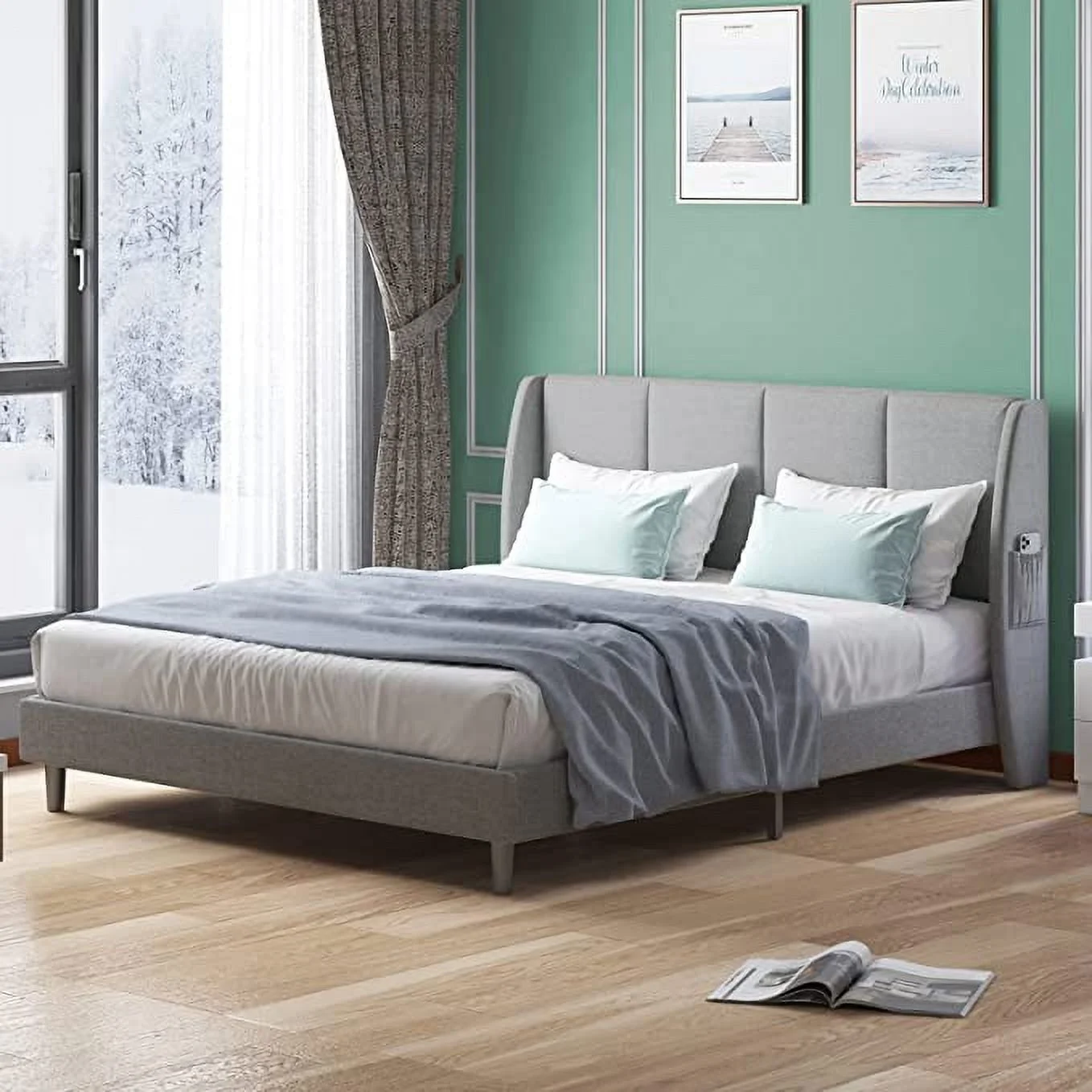 Mjkone King Platform Bed Frame with Wooden Slat Support, King Bed Frame and Headboard, King Size Bed Use Linen Upholstery