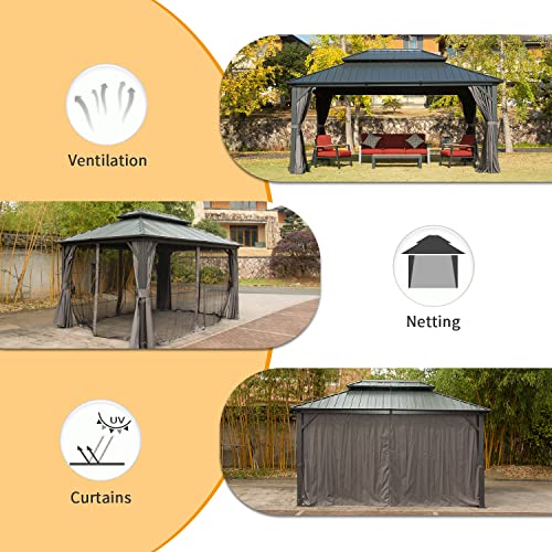 Domi 10' x 10' Hardtop Gazebo Outdoor Metal Gazebo with Galvanized Steel Double Roof Canopy, Curtains and Netting for Patio, Backyard, Deck