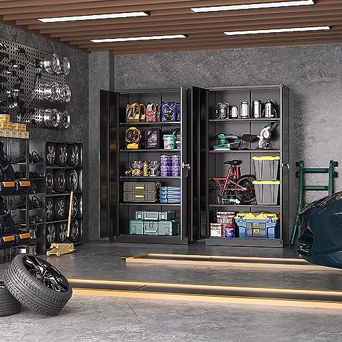 Greenvelly Metal Garage Storage Cabinet with Lock, 72”Metal Storage Cabinet with 2 Doors and 4 Adjustable Shelves, Steel Tool Cabinet for Garage