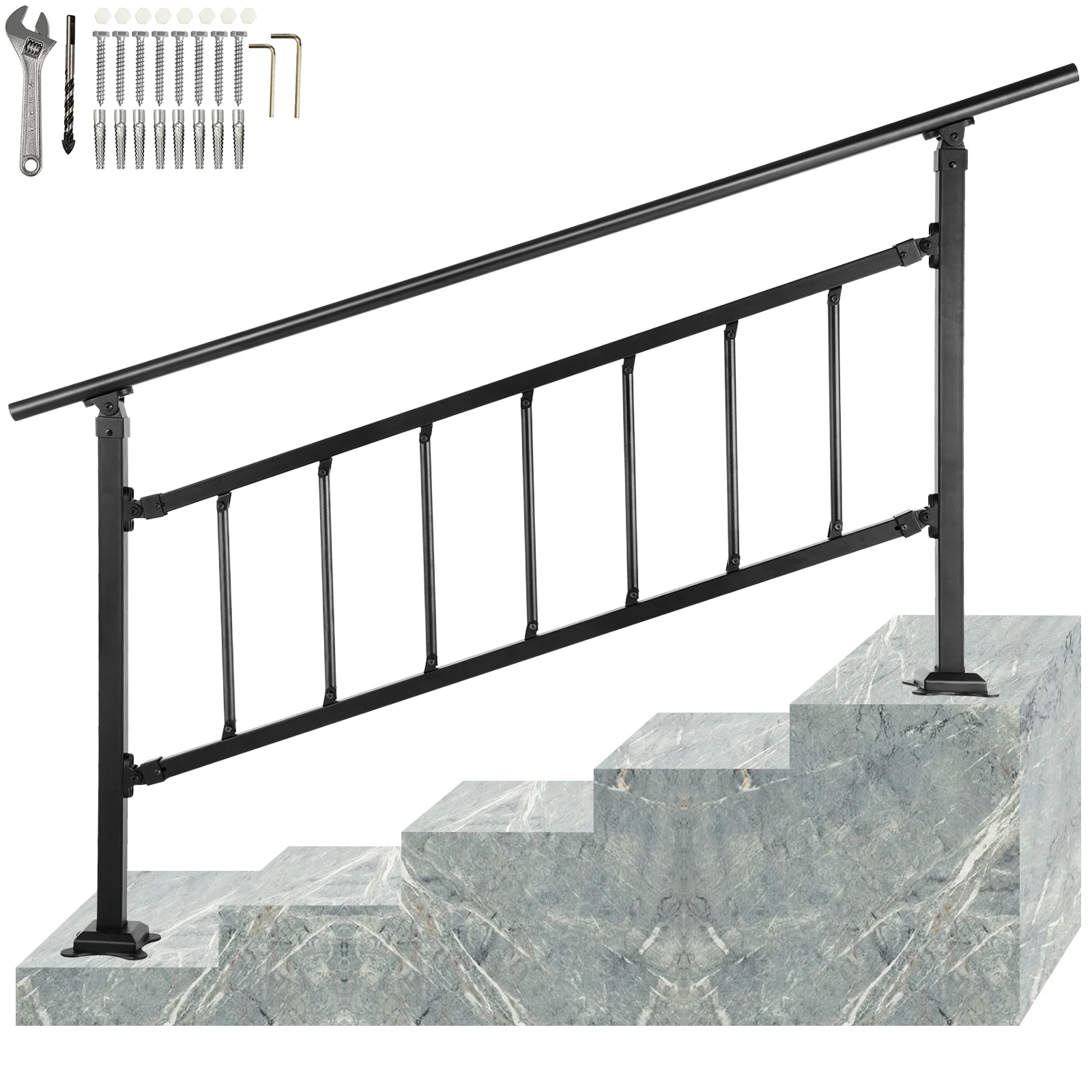 VEVOR Outdoor Stair Handrail, Fits for 1-4 Steps Transitional Wrought Iron Railing, Adjustable Exterior Stair Railing