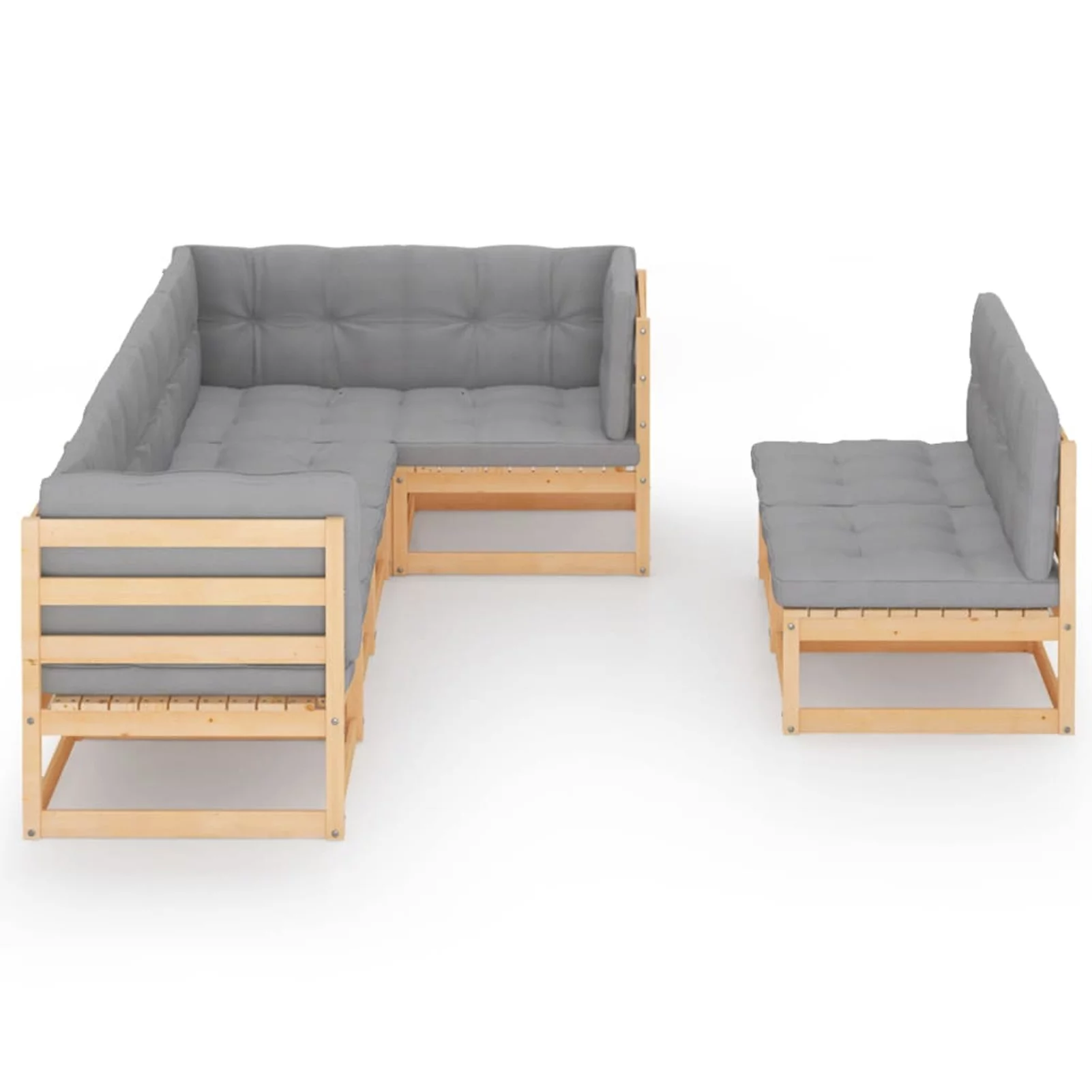 Anself 7 Piece Wood Garden Conversation Set Gray Cushioned 3 Corner and 4 Middle Pinewood Sectional Sofa Set Wooden Frame for Patio, Garden, Backyard