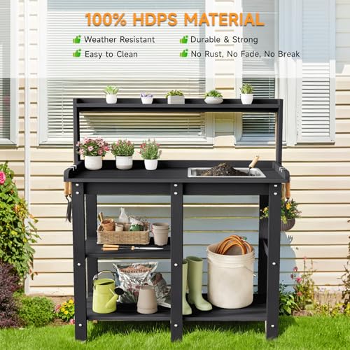 Potting Bench, Outdoor Potting Bench Table with Removable Sink, HDPS Potting Benches for Outside, Garden Table with Storage Shelves & 4 Side Hooks