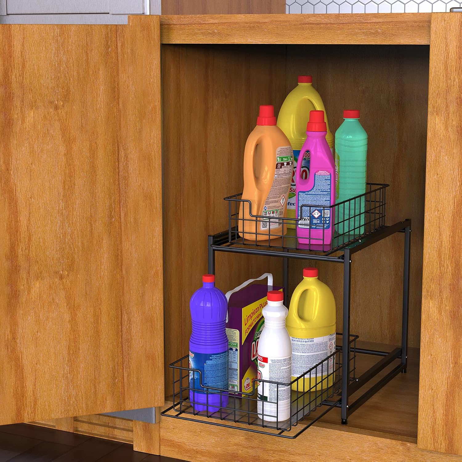 FavoThings Stackable 2-Tier Kitchen Cabinet Organizer Under Sink Organizer Rack with Sliding Storage Basket Drawers, Black