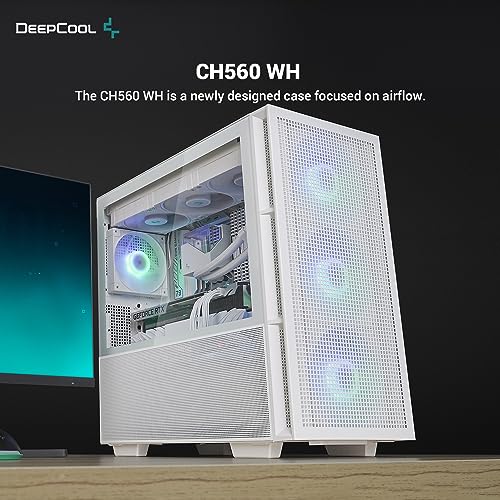 DeepCool CH560 PC Case High-Airflow 140mm PWM ARGB Fans Front Mid-Tower ATX PC Case Hybrid Mesh/Tempered Glass Side Panel 360mm Radiator Top/Front