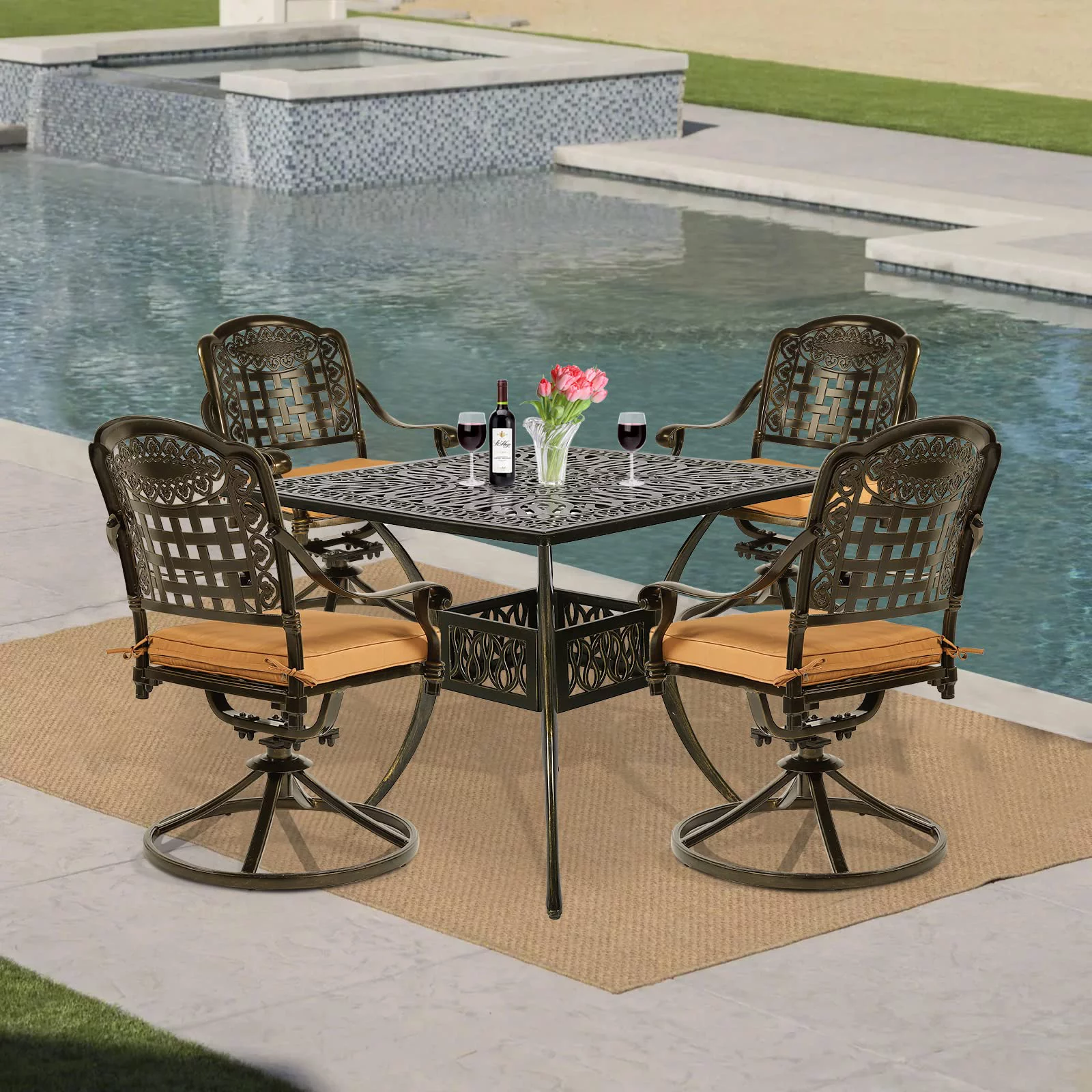 VIVIJASON 5-Piece Outdoor Patio Dining Set, All-Weather Cast Aluminum Conversation Set, Patio Furniture Set for Balcony Lawn Garden