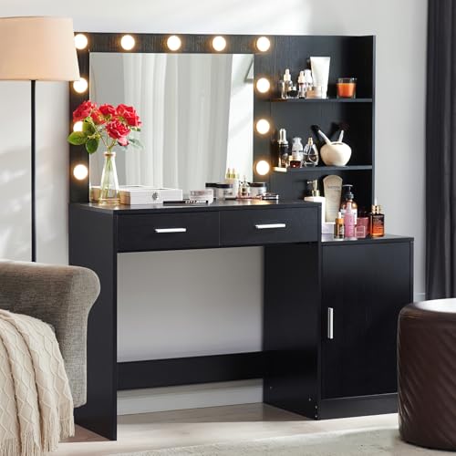 Vanity Desk with Mirror and LED Light Strip,Dressing Table with Large Drawer, 3 Level Storage Dresser & 3 Lighting Modes Adjustable Brightness
